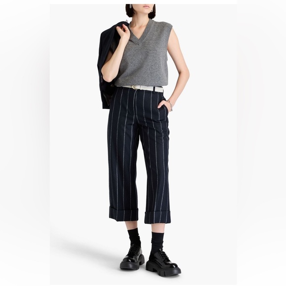 Thom Browne Cropped striped wool-flannel straight-leg pants - navy - IT 40 - Picture 1 of 10
